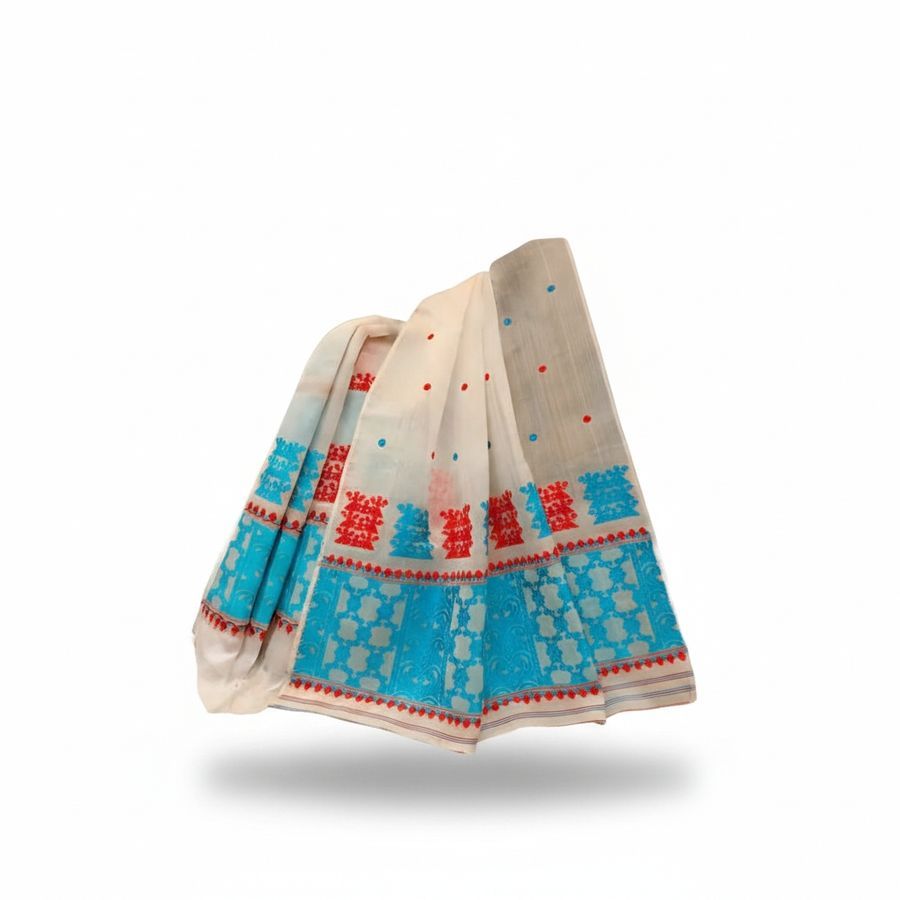 Traditional White Saree with Blue and Red Ethnic Borders view 2