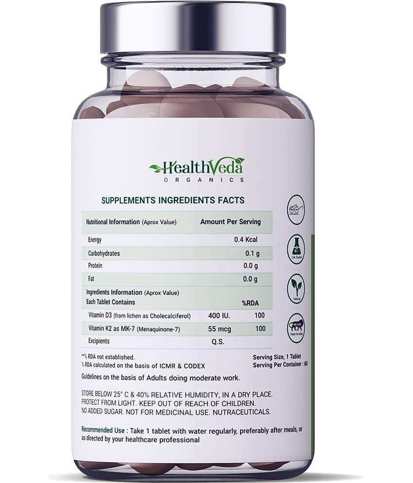 Health Veda Organics Vitamin D3+K2 as MK7 Supplement for Healthy Bones, 60 Veg Tablets view 2
