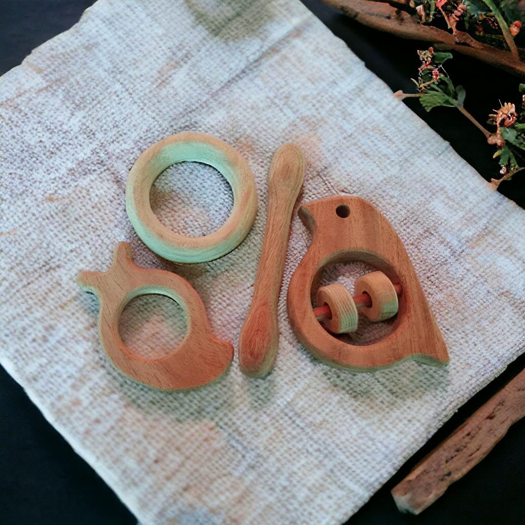Neemtoys Neem Wooden Rattle and Teethers, Sparrow, Mango, Dumbbell and Ring Shapes Teether, Teething Toy for Babies with Multiple Textured Surface (Brown) view 2