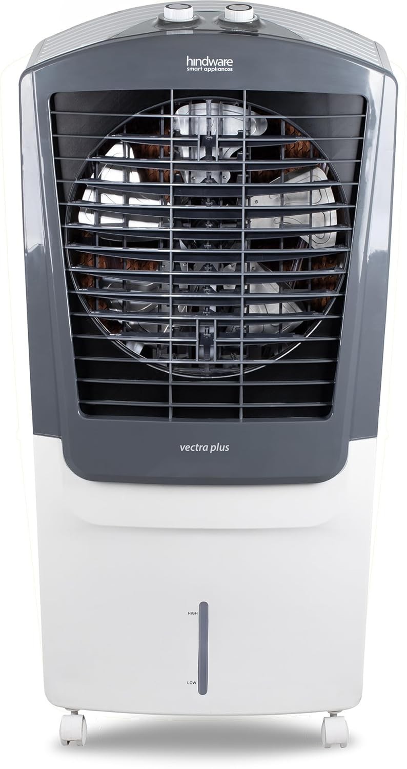 Hindware Smart Appliances Vectra Plus 70L, Desert Air Cooler with Woodwool Pads, Inverter Compatible, Castor wheels and motorized air flow control & High Air Delivery - White & Grey