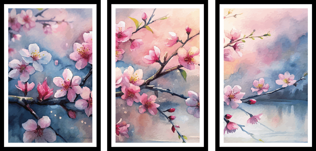 SET OF 3 VIBRANT CHERRY BLOSSOM 48in X 24in WITH BLACK FRAME view 2