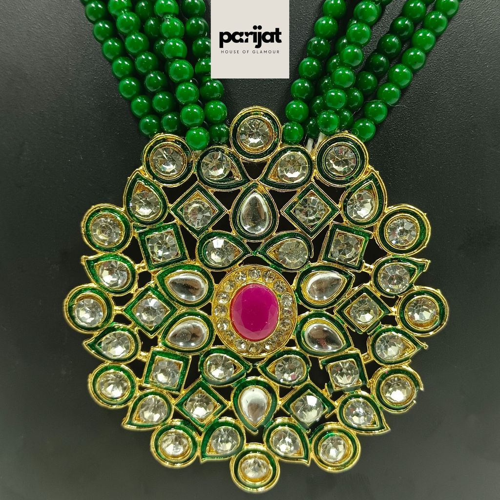 Parijat Luxury Handcrafted Gold Plated Necklace with Earrings, AD, Pearl, Green and White view 2