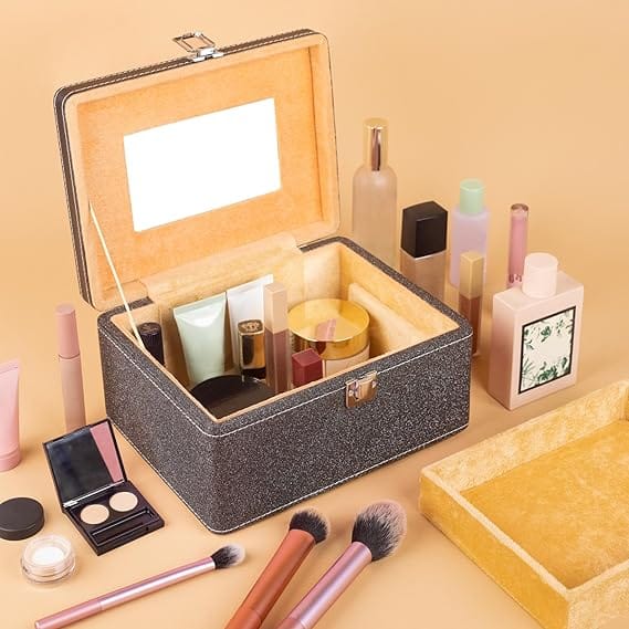 Makeup Box - Vanity Box for Women Bridal - Cosmetic Box Organiser, Durable, Stylish Finish for Home or Travel, Large Capacity Beauty Case for Brushes, Lipsticks & Skincare, (Black) view 2