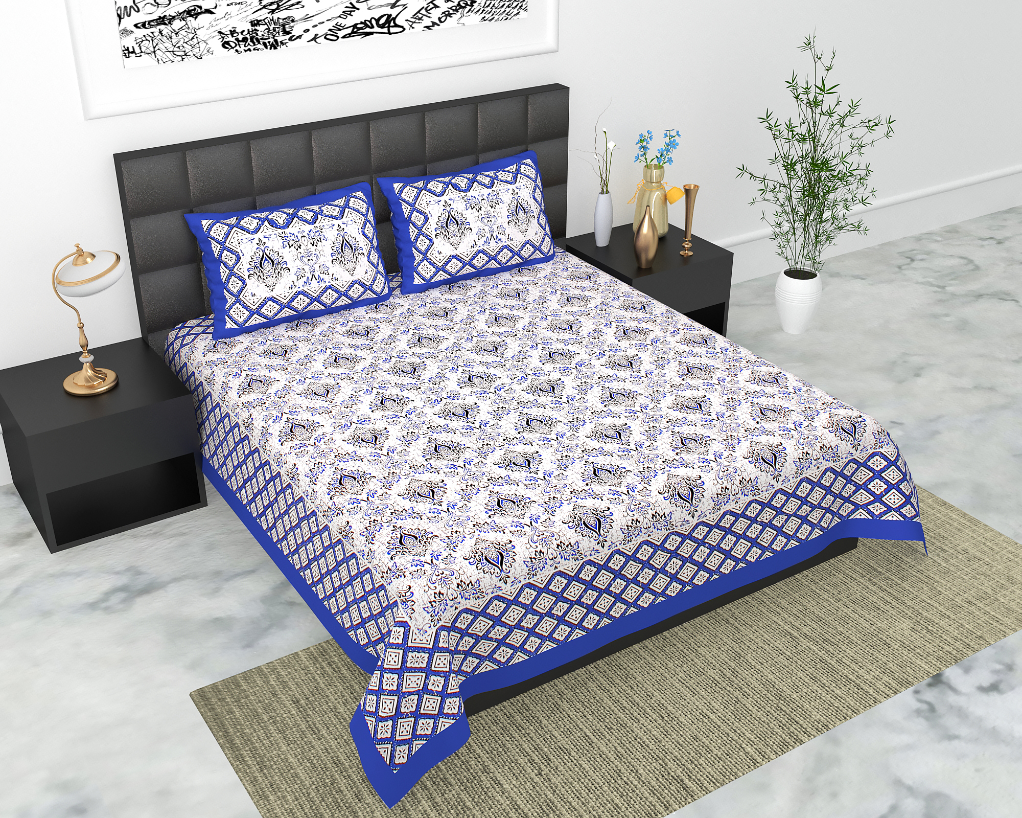 Lali Prints Blue White Floral Printed Cotton 130 TC Queen Bedsheet With 2 Pillow Covers view 2