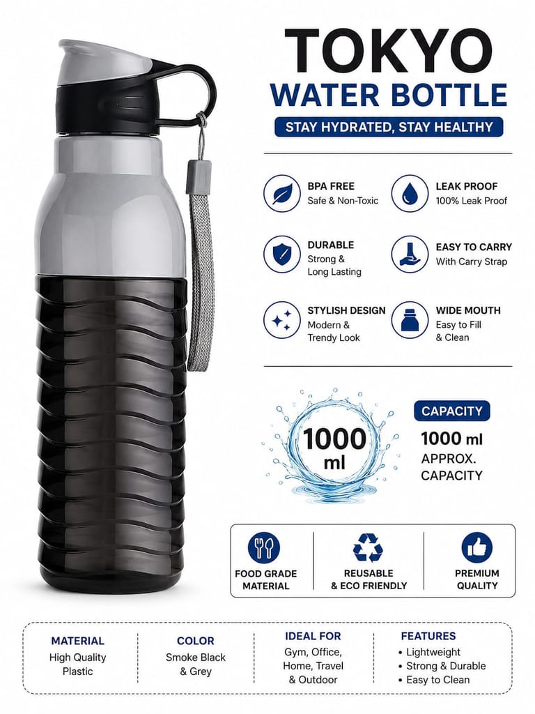 Nekza Plast Tokyo Plastic Water Bottle 1000ml Black view 2