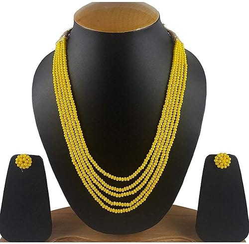 A V FASHION INDIA - ** Yellow Beads Traditional Necklace Set 5 Layer Necklace with Stud Earring Multi Strand Yellow Colour 16" Mala for Girl and Women Fashion Jewellery view 2