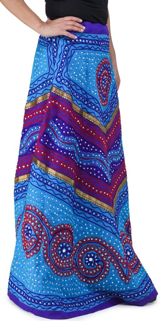 Turquoise And Blue Long Ghagra Skirt from Jaipur with Aari Embroidery and Sequins view 2
