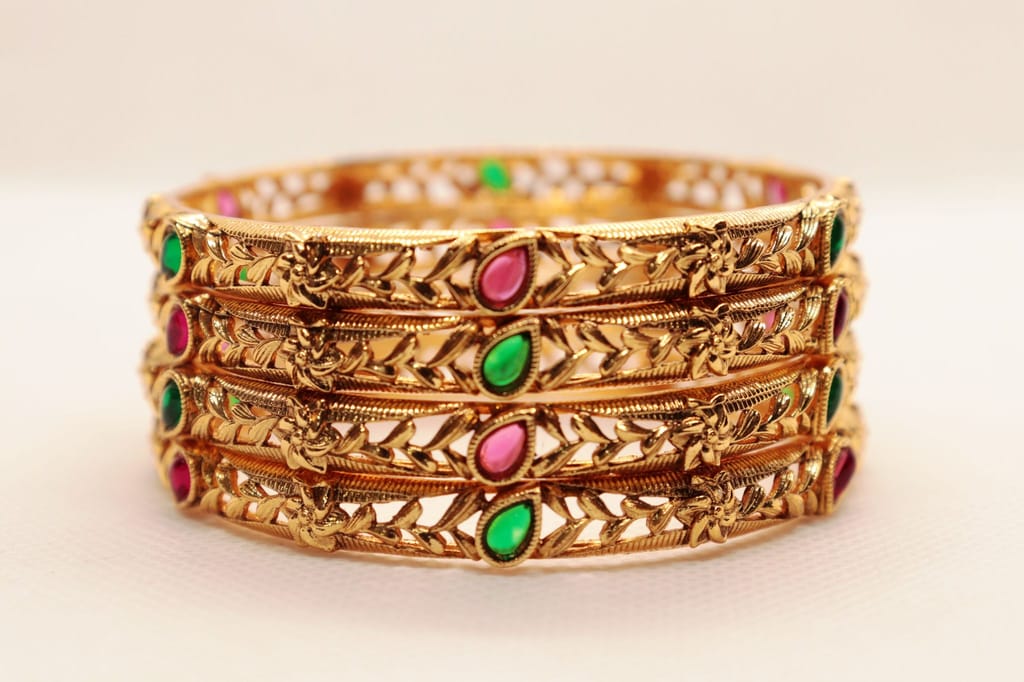 Gold Plated Filigree Work Bangle Set with Ruby and Emerald Stones view 2
