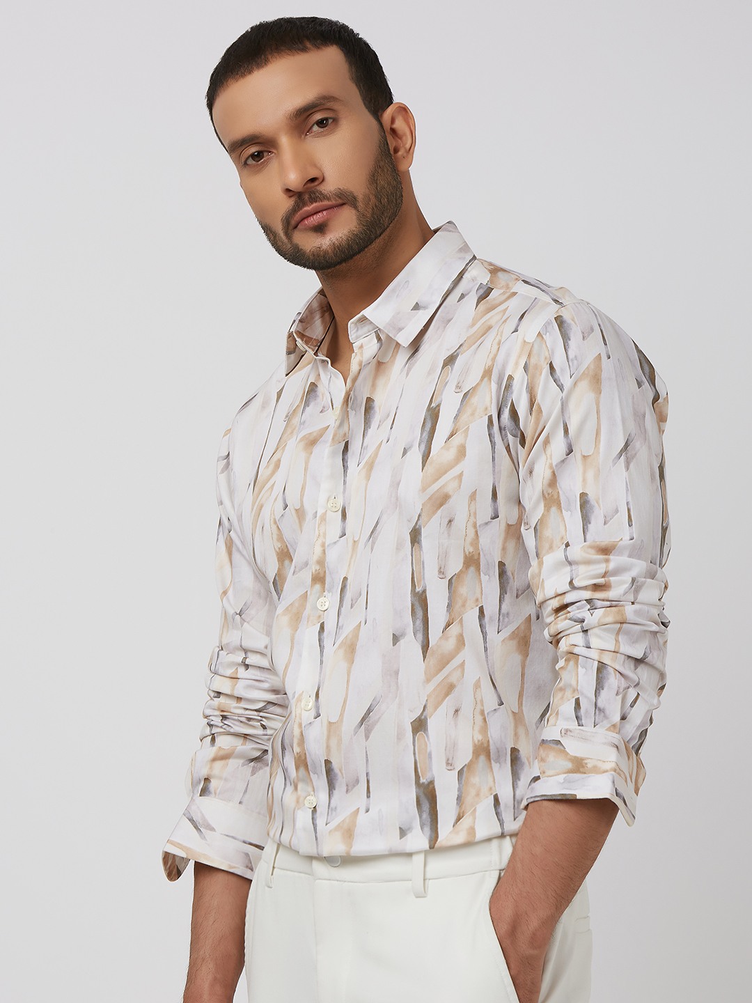 Beige Digital Print Slim Fit Casual Shirt view 2
