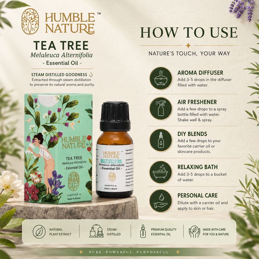 Humble Nature Tea Tree Essential Oil 15 ml | Steam Distilled Melaleuca Alternifolia Oil | Natural Plant Extract | For Skincare, Haircare, Diffuser, Aromatherapy, DIY Blends, Massage & Home Fragrance view 2