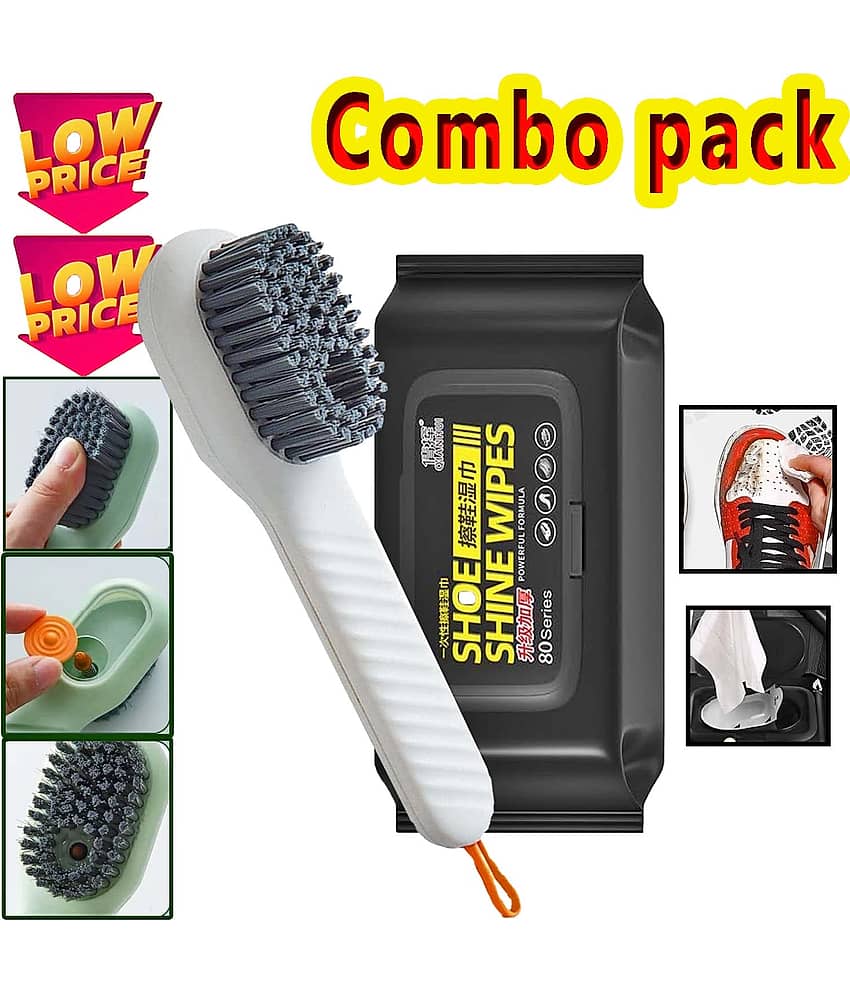 Multifunctional Shoe Cleaning Combo – 80 Count Resealable Quick Shine Wipes & Liquid Dispensing Scrub Brush with Soft Bristles | 2-in-1 Automatic Soap Dispenser Washing Tool for Shoes and Clothes