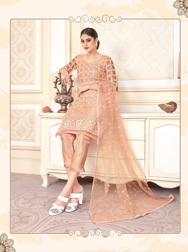 Peach Women Net Heavy Embroidery Work Semi Stitch Dress Material. view 2