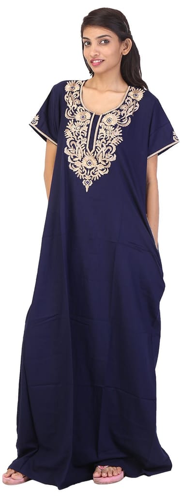 VALENCIA SLEEPWEAR Women's Cotton Night Dress (KNW-38, Navy Blue, Large) |Length: 1 meter
