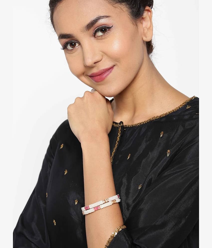 Priyaasi Designer Off White Gold Toned Pink And Golden Stone Studded Beaded Bangles For Women And Girls Set Of 2 view 2
