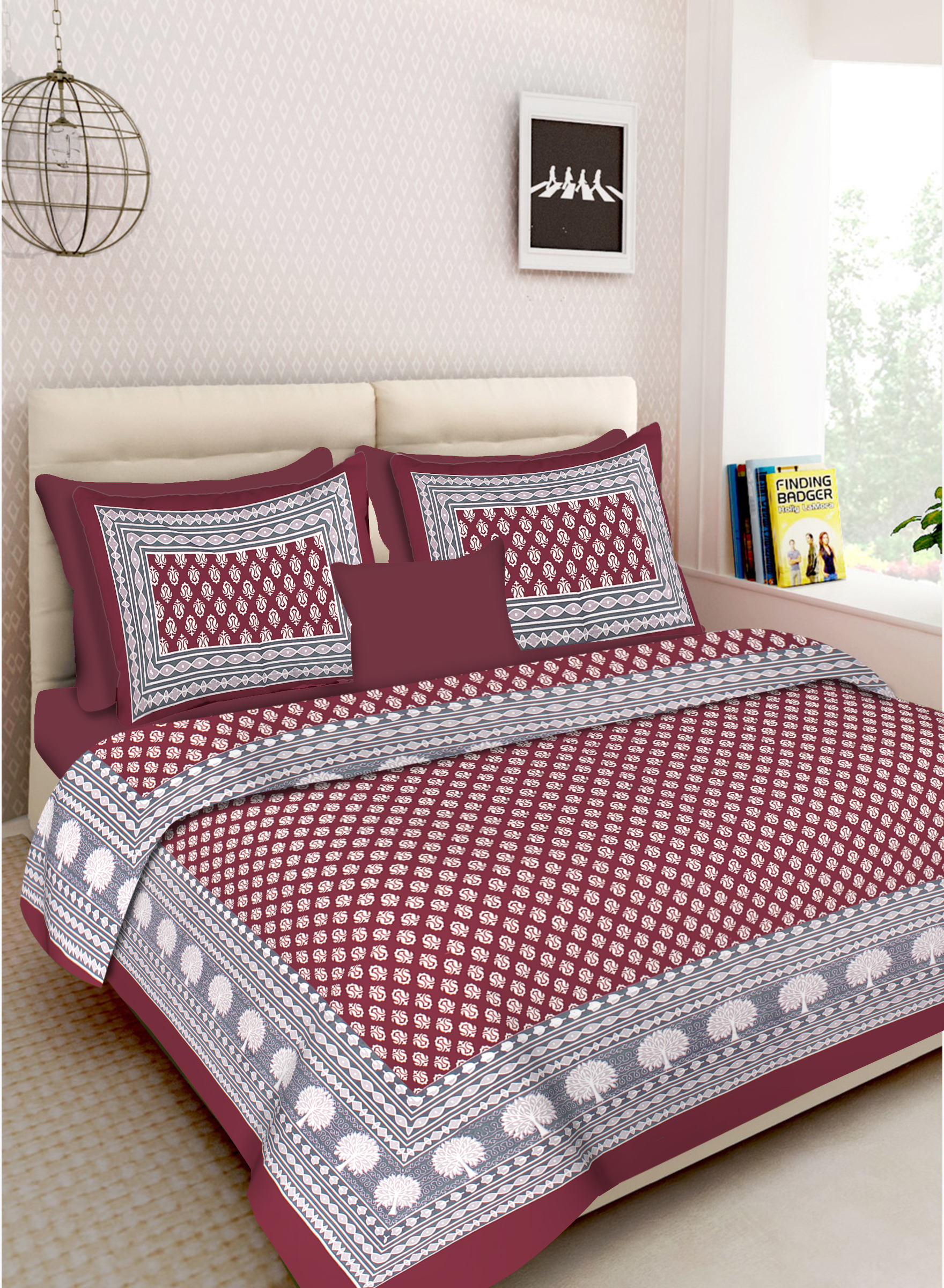 Lali Prints Maroon Grey Ethnic Motifs Cotton 130 TC Queen Bedsheet with 2 Pillow Covers view 2