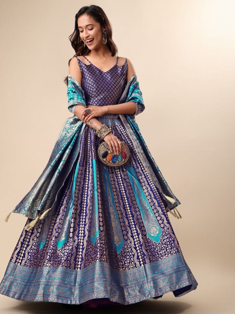 Blue Ready to Wear Lehenga & Unstitched Blouse With Dupatta view 2