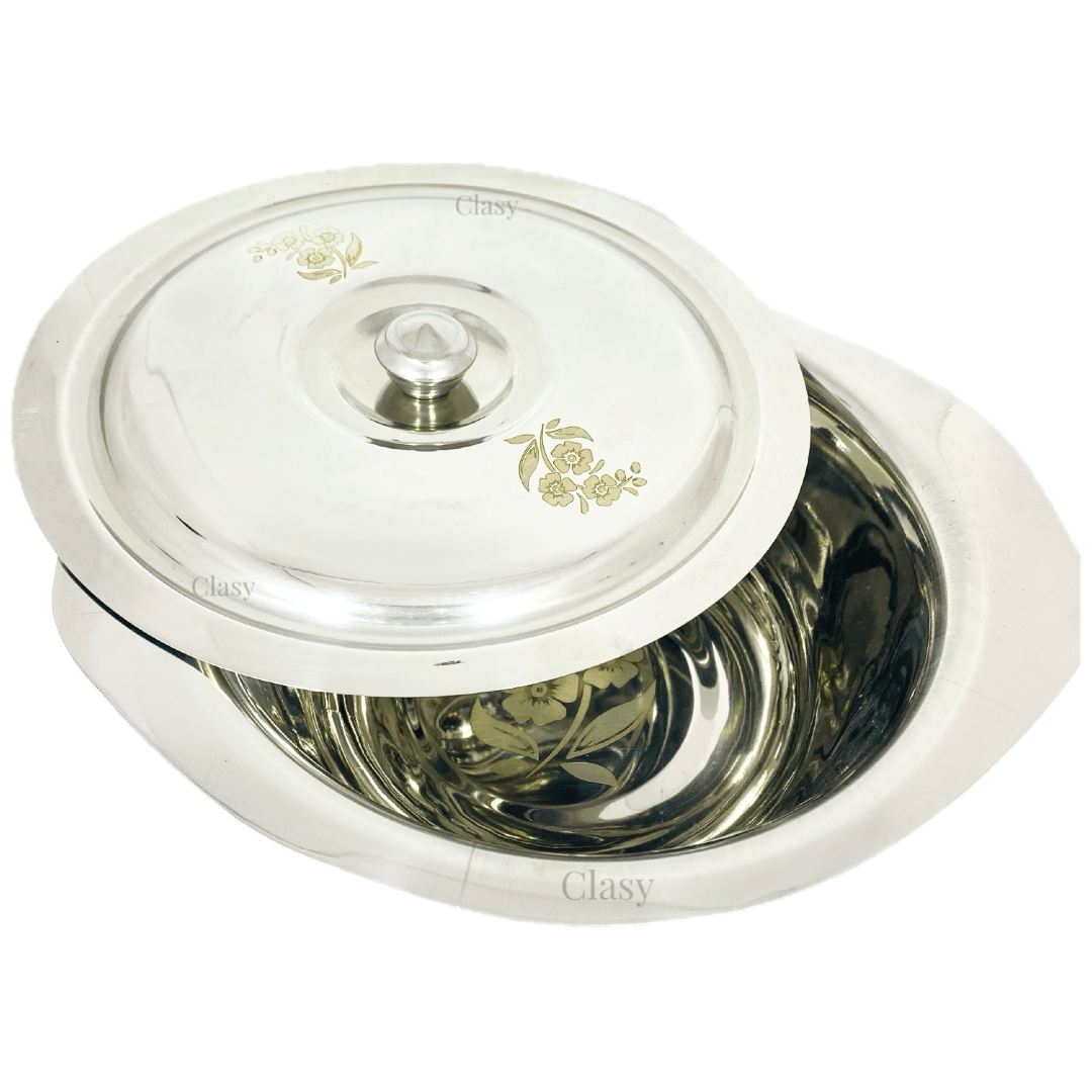 Stainless Steel Serving Bowl/Donga Laser Flower Printed Medium Size view 2