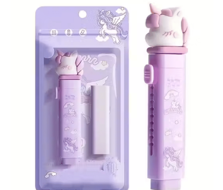 Kawaii Kids Pencil Pouch with Cartoon Eraser Pen Set – Cute Purple School Stationery Combo for Girls view 2