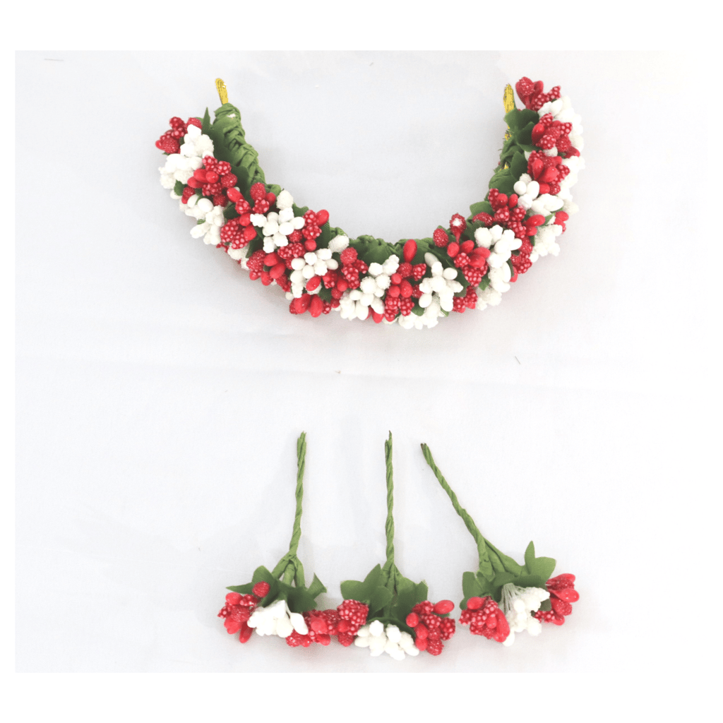 SHG Fashion Art Handmade RED and WHITE Artificial Veni Flowers with 3 Pins (Red with White Artificial Flower Hair Accessory Set)