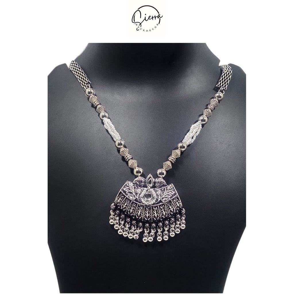 SIERRA Luxury Handcrafted Necklace Jewellery with Ear Rings, Oxidized, Bust Pendant, White AD and Pearls view 2