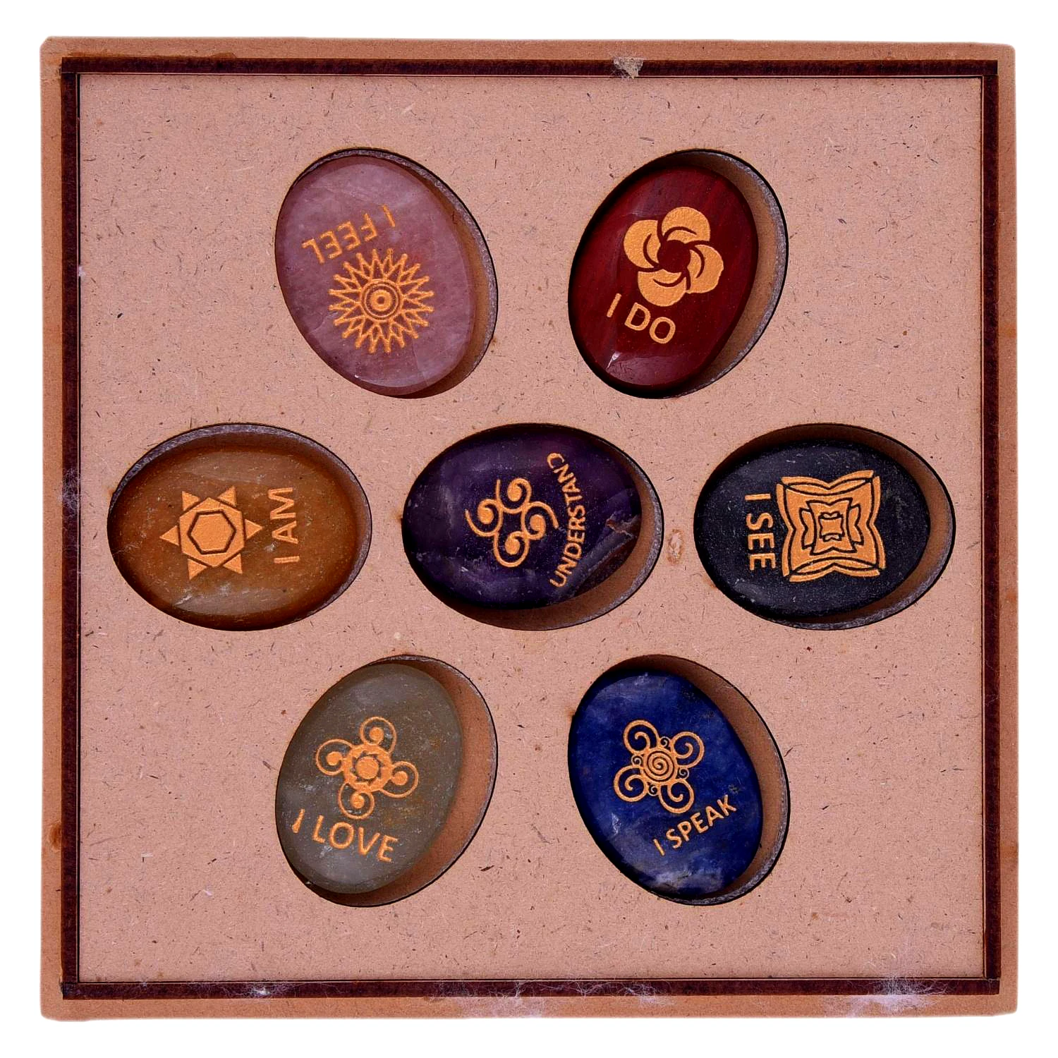 Seven Chakra Affirmation Healing Crystal English Symbol Witches Rune 7 Set Oval Chakra Stones(KI_10) by Krishna Impex view 2