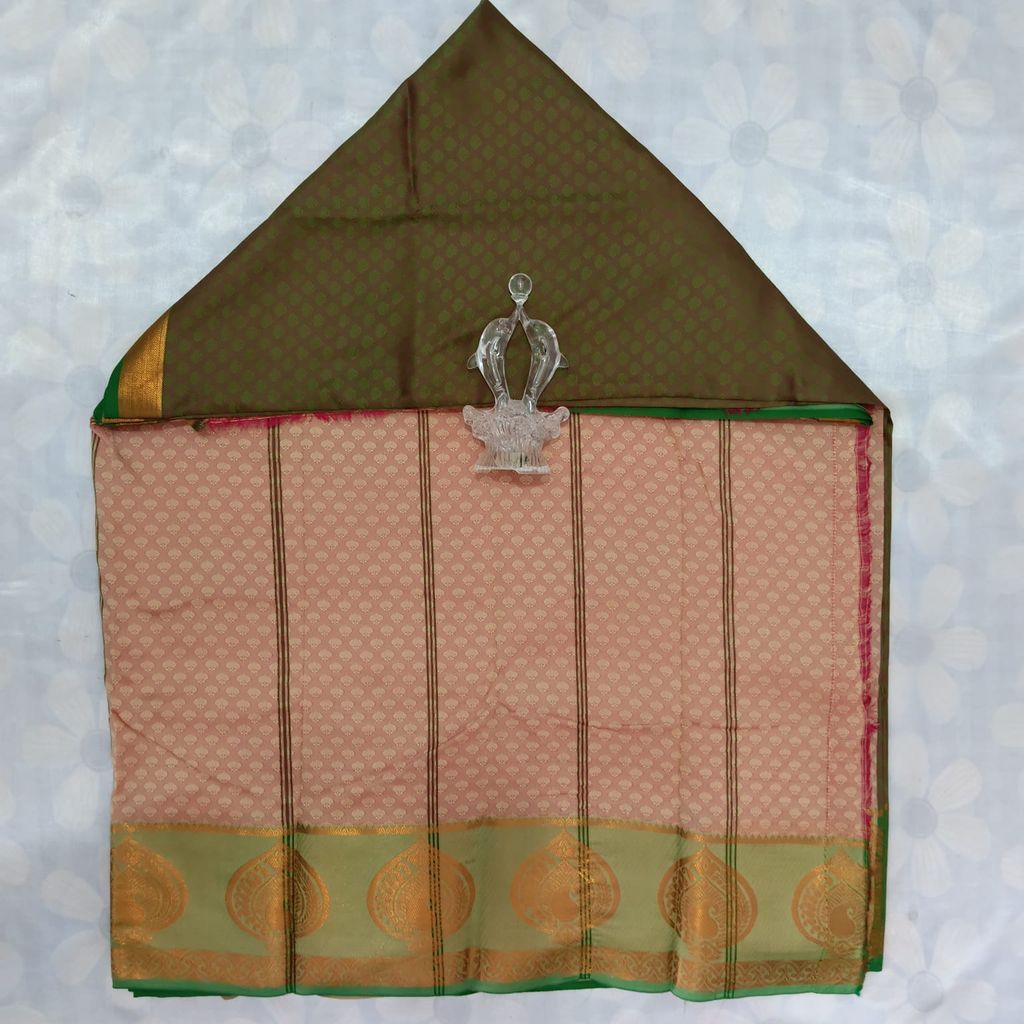Poonthamil Silk Cotton Saree with Blouse - Olive Green view 2