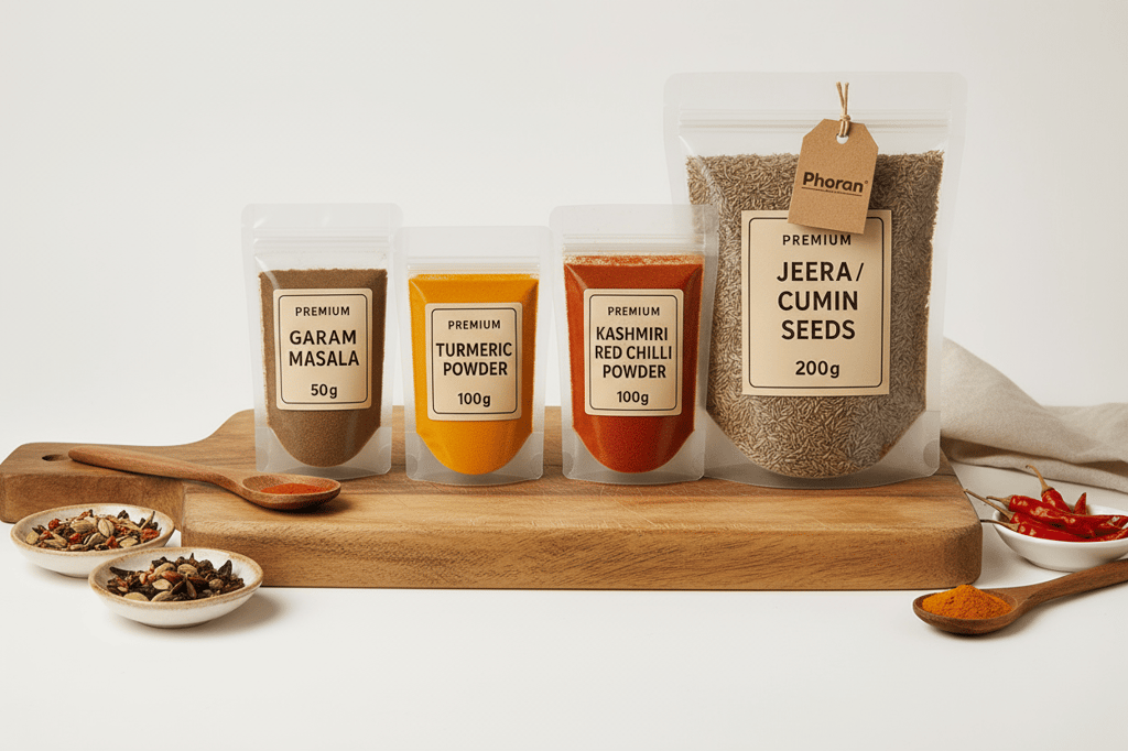 Phoran 450 gm Combo pack - Garam Masala 50 gm l Turmeric 100gm lKashmiri chillie 100 gm l Whole Cumin Jeera 200 gm lBuy Indian Spice Starter Kit Online - 4 Must-Have Spices | Phoran view 2