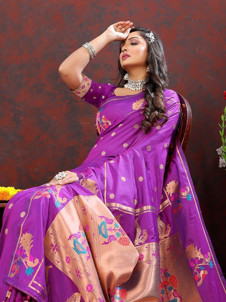 Wine Soft Paithani Silk Woven Design Copper Zari Meenakari Weaving Saree view 2