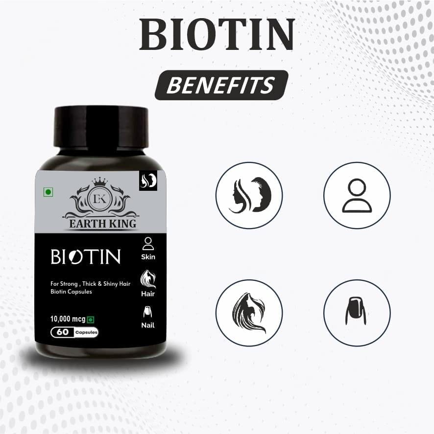 EARTH KING Biotin Capsule for Hair Growth, Strong Hair & Glowing Skin, Fights Nail Brittleness � 10,000mcg 60 Capsules view 2
