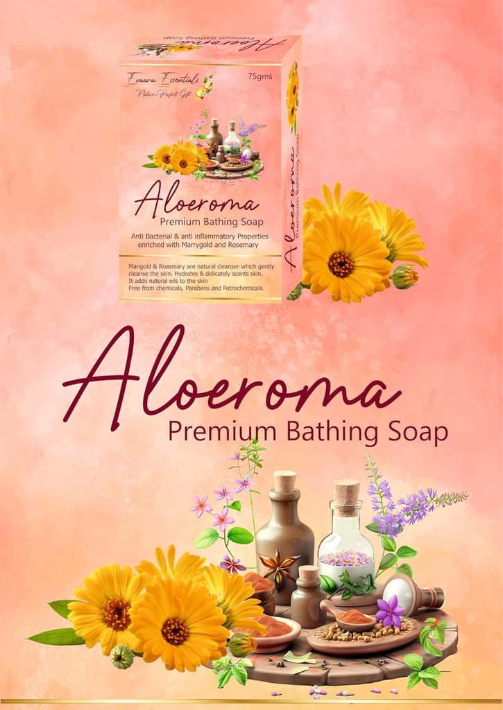 Aloeroma Premium Bathing Soap with Marigold and Rosemary, Natural Cleanser, Chemical-Free, 75g each | Pack of 3 view 2