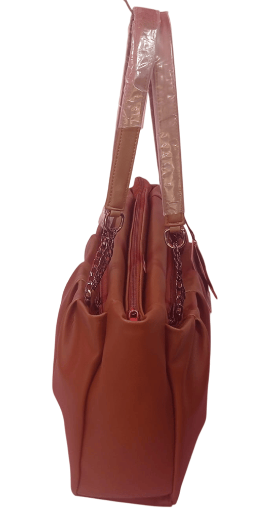 Women's Brown Faux Leather Tote Bag with Chain Detail view 2