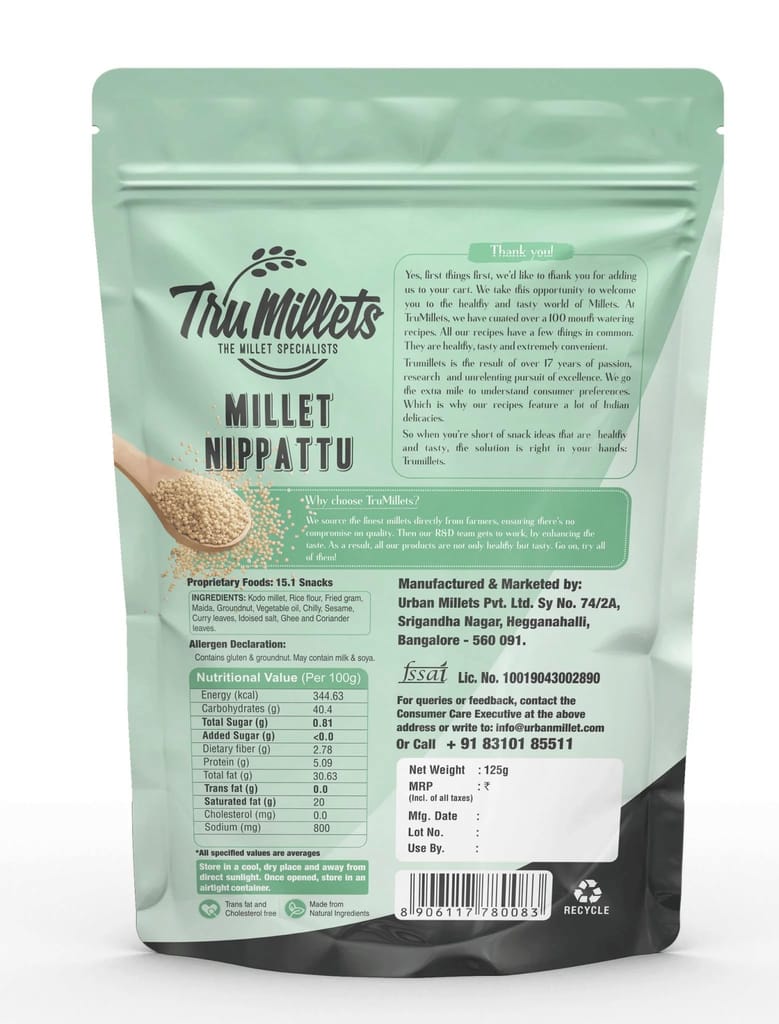 TruMillets Kodo Millet Nippattu 125g | Authentic South Indian Snack | Crunchy & Tasty Nippatu | No Palm Oil | Ready-to-Eat | Healthy & Wholesome Millet Snack view 2