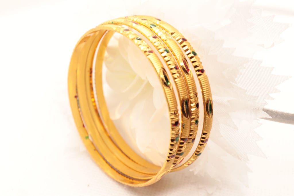 Gold Plated Bangles with Green and Red Stones of 4 Piece Set view 2