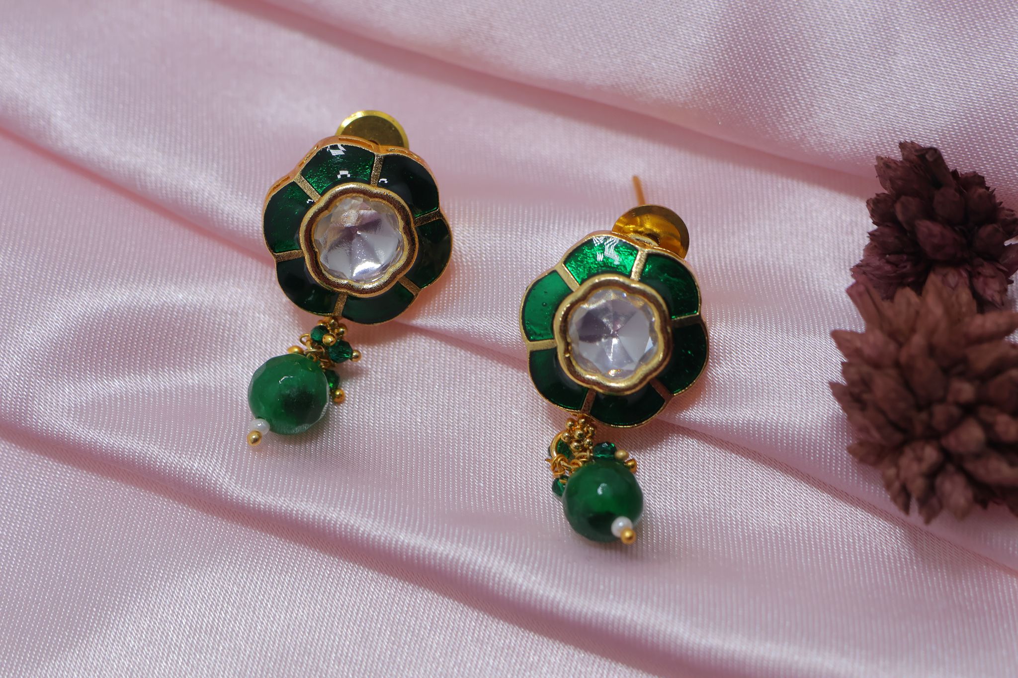 Elegant Gold Plated Green Meenakari Kundan Drop Earrings for Women view 2