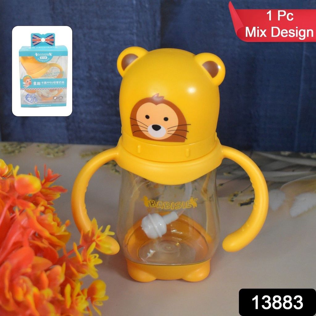 Baby Feeding Bottle with Handles & Straw (Mix Design, Size & Color / 1 Pc) view 2