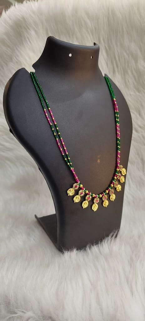 "Delicate Gold-Plated Haram Necklace with Pink and Green Beads and Lakshmi Coins" view 2