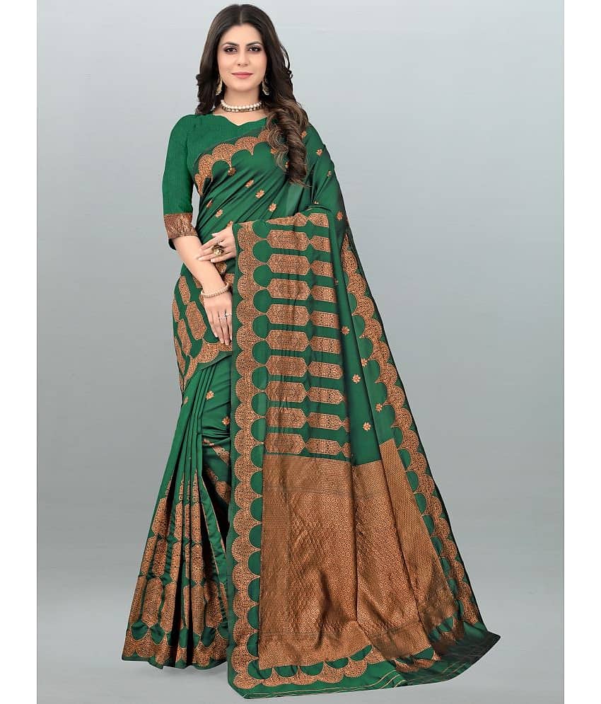 Om Shantam Sarees Banarasi Silk Embellished Saree With Unstitched Blouse Piece ( Green )