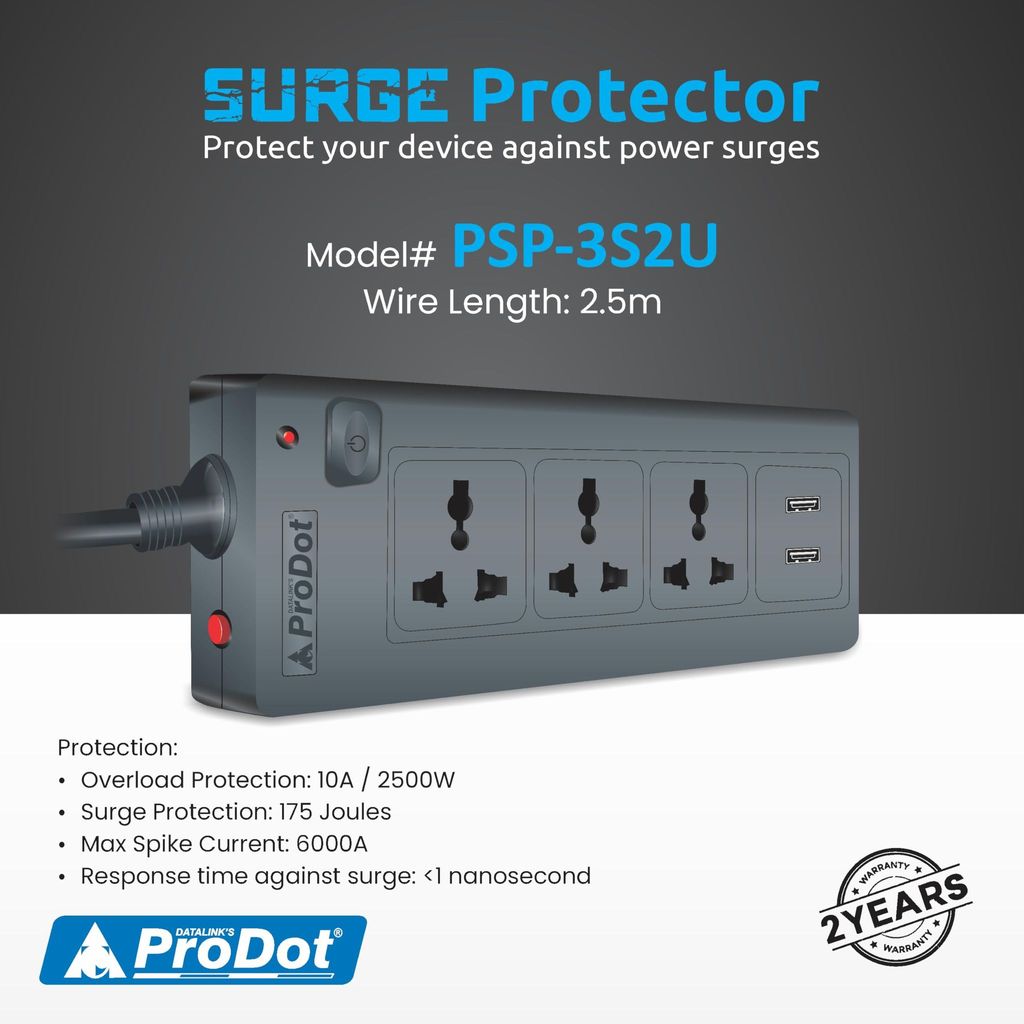 PRODOT Power Spike Guard, Strip Surge Protector with Master Switch and 3 Outlets with 2 USB, Heavy Duty Extension Cord for Home, Office, Travel & Phone Charging Bricks view 2