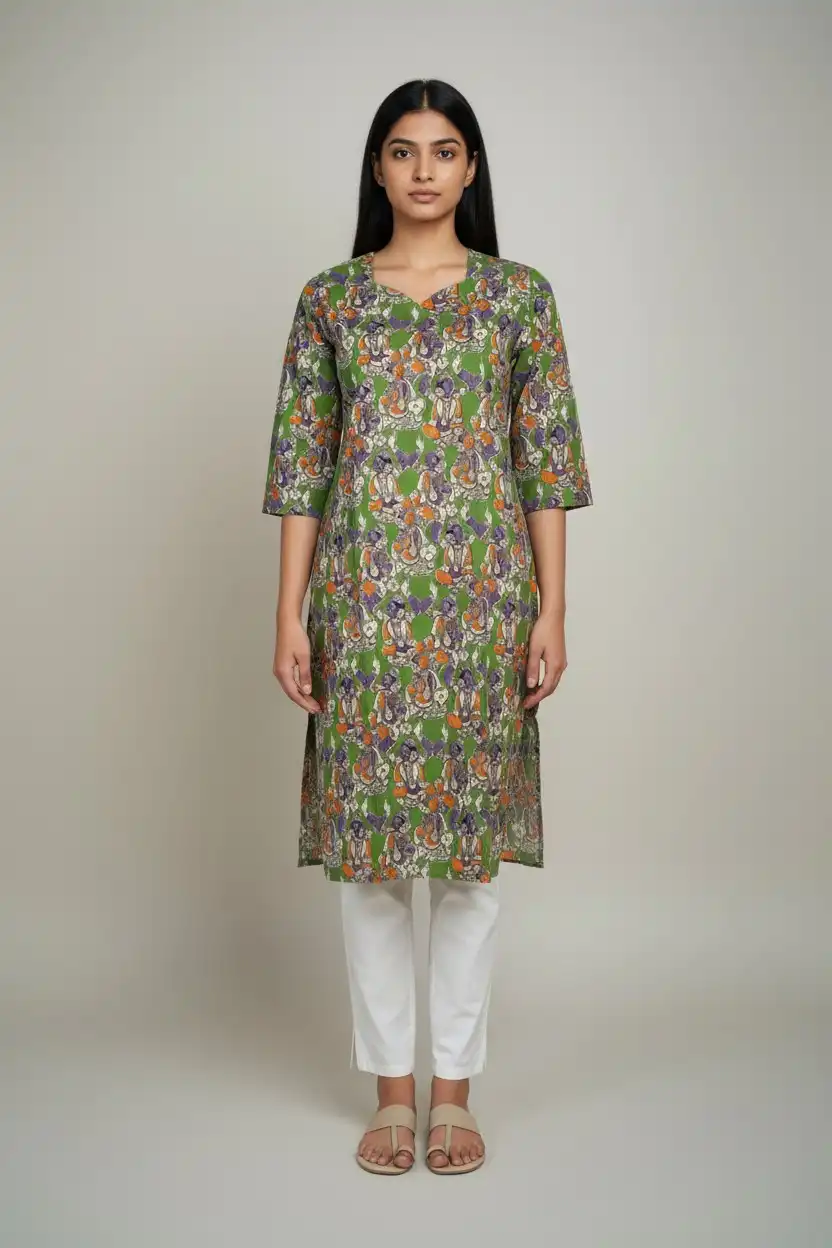 Block Print Cotton Kurti Green Purple Orange
