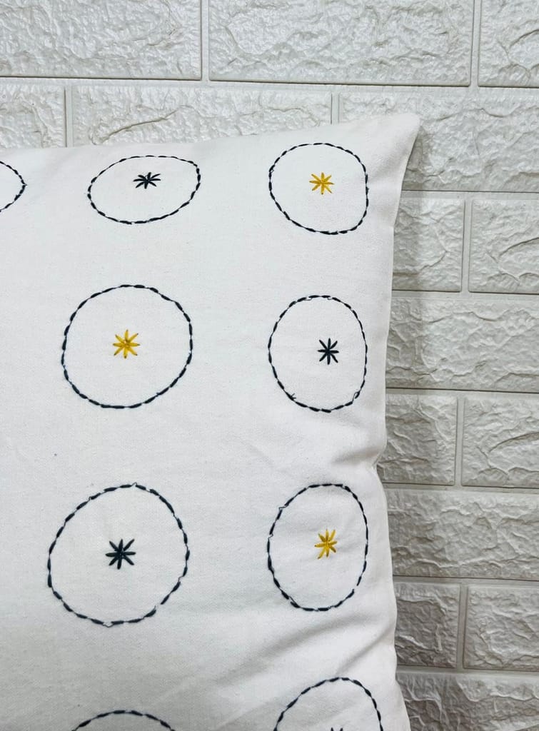 Indihomecraft Cotton Cushion Cover - Hand Stitched Embroidery Decorative Art Boho Pillow Round Pom Shape Hand Made Pillow Cover | Hand Stitch Square 18X18 Inches Cushion Cover view 2