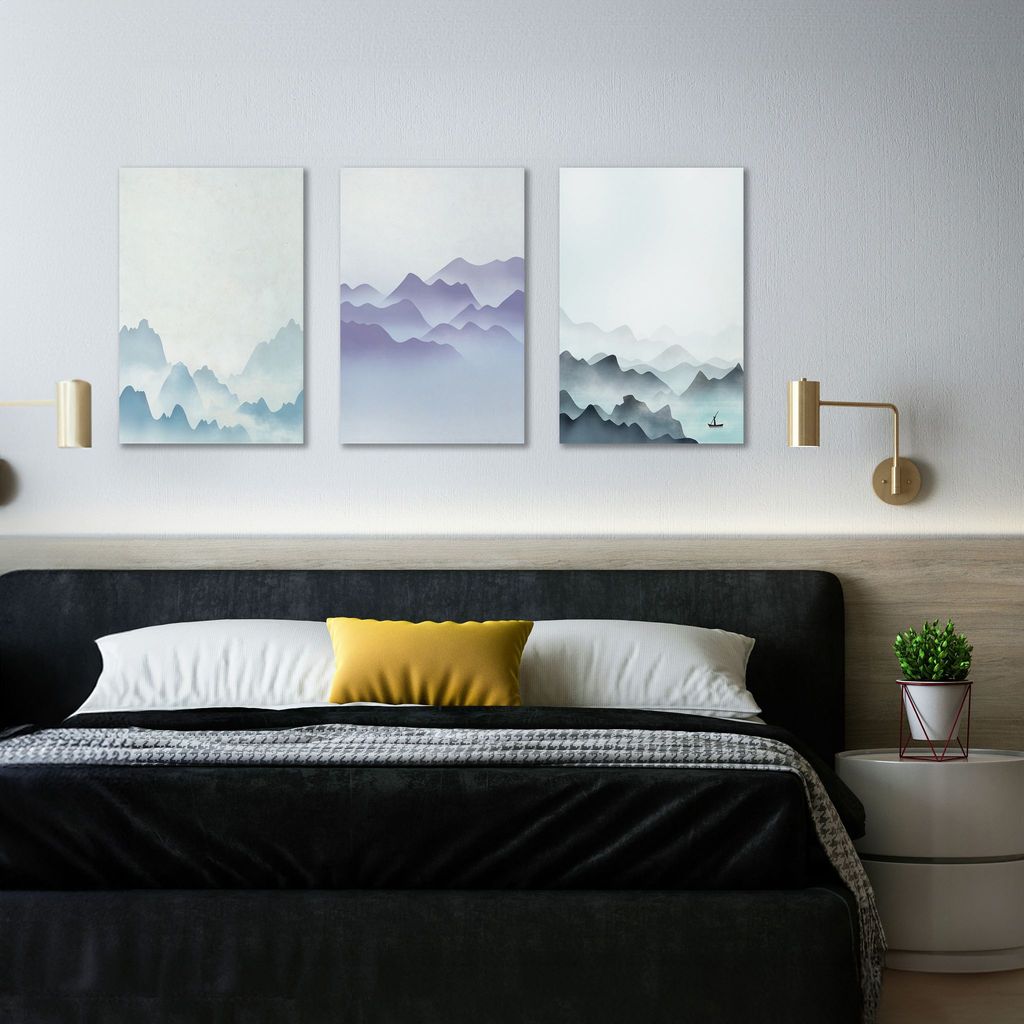 Rustic Charm Set of 3 Abstract Landscape Canvas Wall Painting for Living room, Office and Hotel | 16x24 inches Vertical Canvas Wall Frames for Home Interior and Decor |Cloudy Scenery view 2