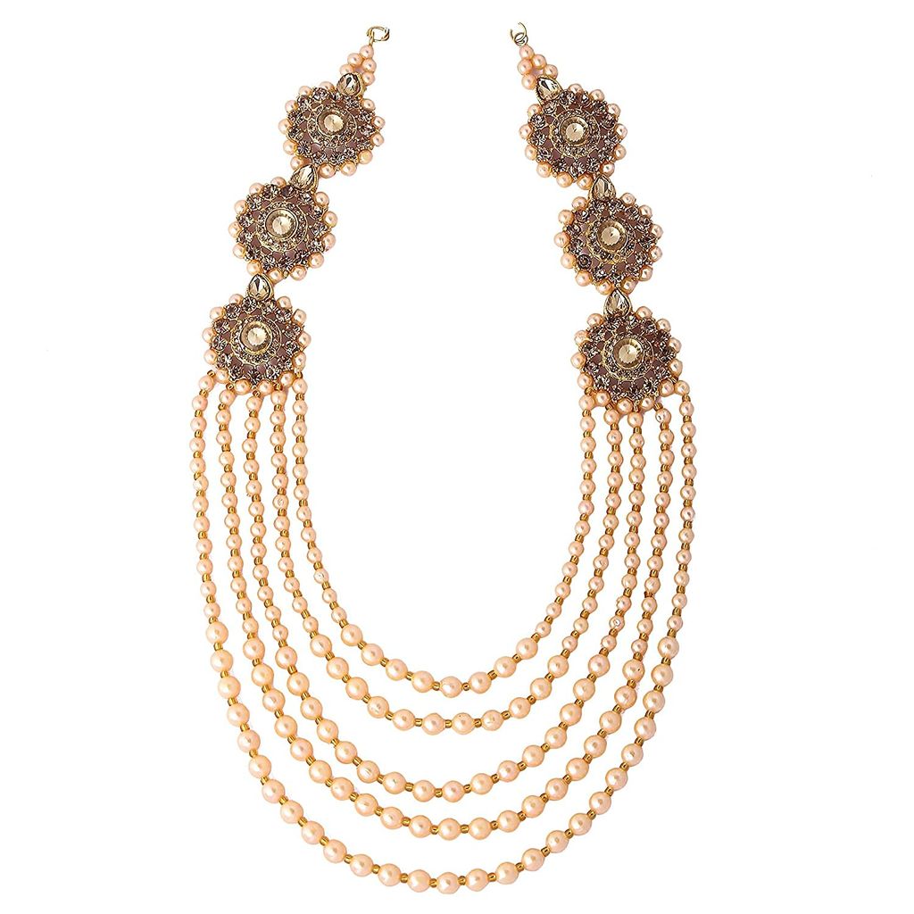 Artificial Jewelry Designer Rani Haar Chokar Set Stone & Pearl Necklace set with Jhumka Earrings & Mangtika for Women bridle wedding Patwa Jewellery Set - (Gold) view 2