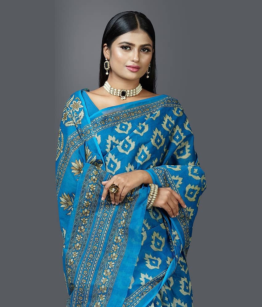 SHANVIKA Cotton Printed Saree Without Blouse Piece ( Blue ) view 2