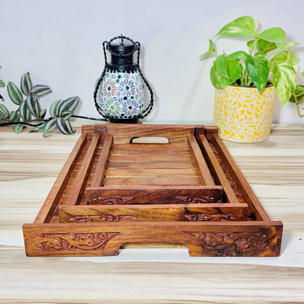 Homefrills Sheesham Wood carved design Serving Tray, Handmade & Handcrafted Rectangular Platter/Trays with Handles For Serving Cakes, Pastries, Snacks, Breakfast, Coffee- Set of 3 view 2