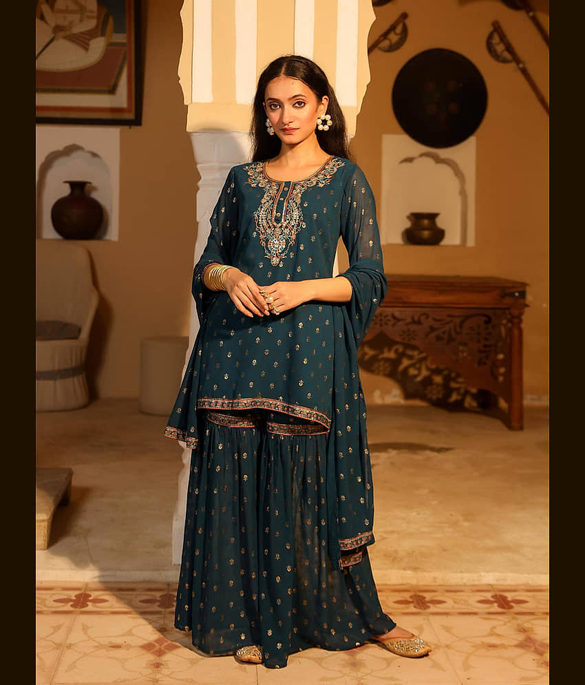 Juniper Georgette Printed Kurti With Pants Women's Stitched Salwar Suit - Teal ( Pack of 3 ) view 2