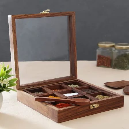 Homefrills Square Spice Box with Spoon in Sheesham Wood Multi-Utility Storage,Masala Dabba,Spice Rack,Masala box,Masala Spice Jars Container for Kitchen (9 Containers, Removable, Brown) view 2