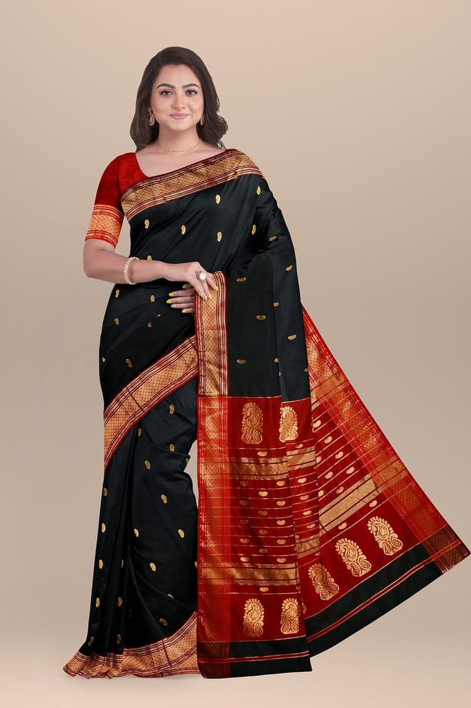 Black Carry Buti Handwoven Sausar Silk Saree with Zari Border and Carry Buta Marron Palla Saree SKU-BS10122 view 2