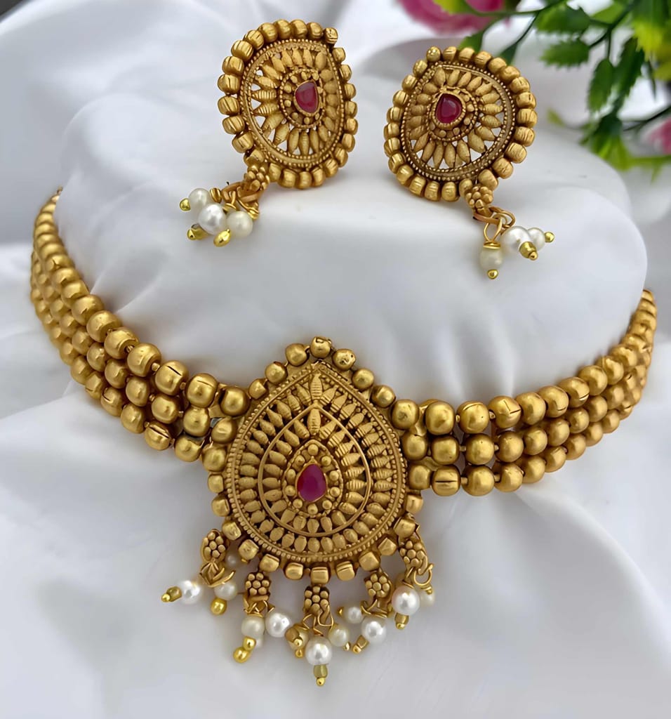 Gold Plated Chick Set Pan Jewellery Set with Matching Earrings for Women Traditional Ethnic Necklace Set for Wedding Party Festive Wear