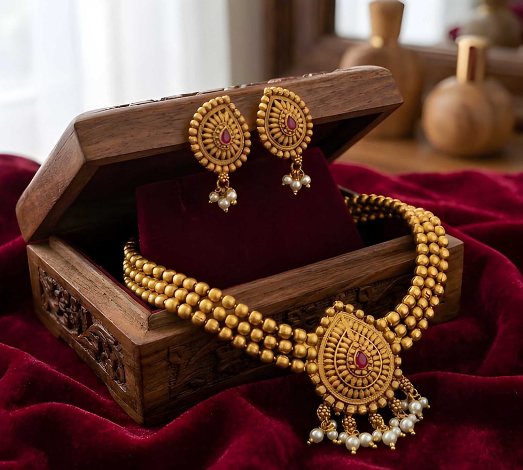 Gold Plated Chick Set Pan Jewellery Set with Matching Earrings for Women Traditional Ethnic Necklace Set for Wedding Party Festive Wear view 2