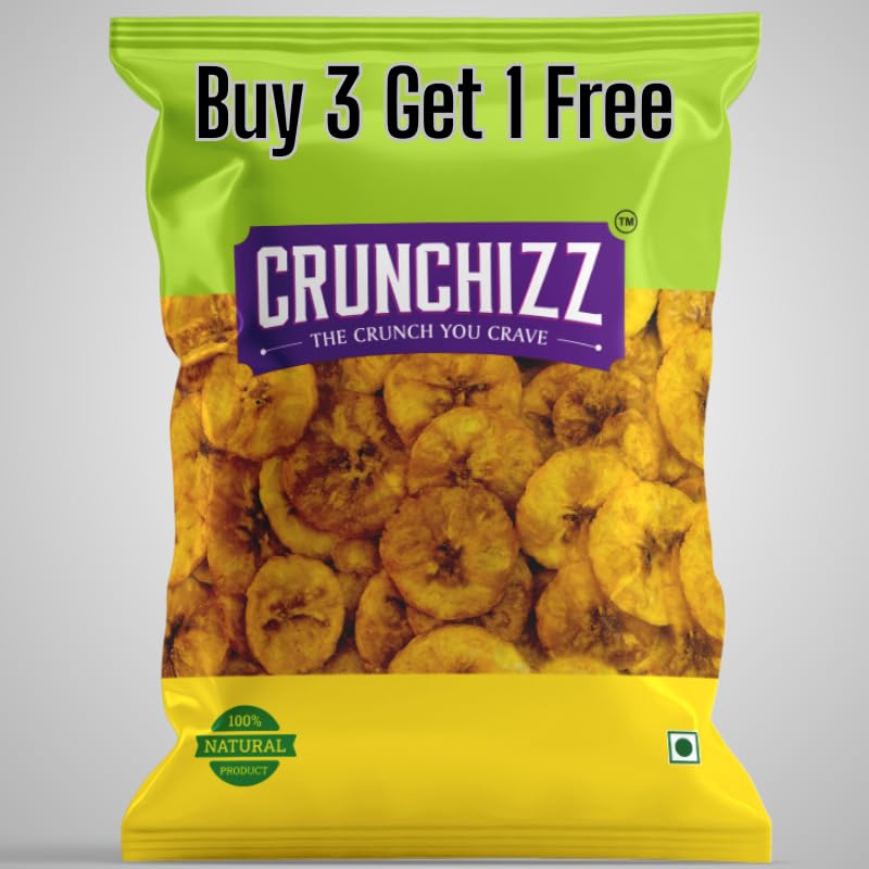CRUNCHIZZ Snacks - Buy 3 Get 1 FREE Offers - Authentic Kerala Style Yellow Banana Chips I Traditional South Indian Recipe I No Artificial Additives or Preservatives I Perfect Munchy Bites I 250 Grams x 4 Packs (Total 1 Kg) - Ripe Banana Chips (Sweet)